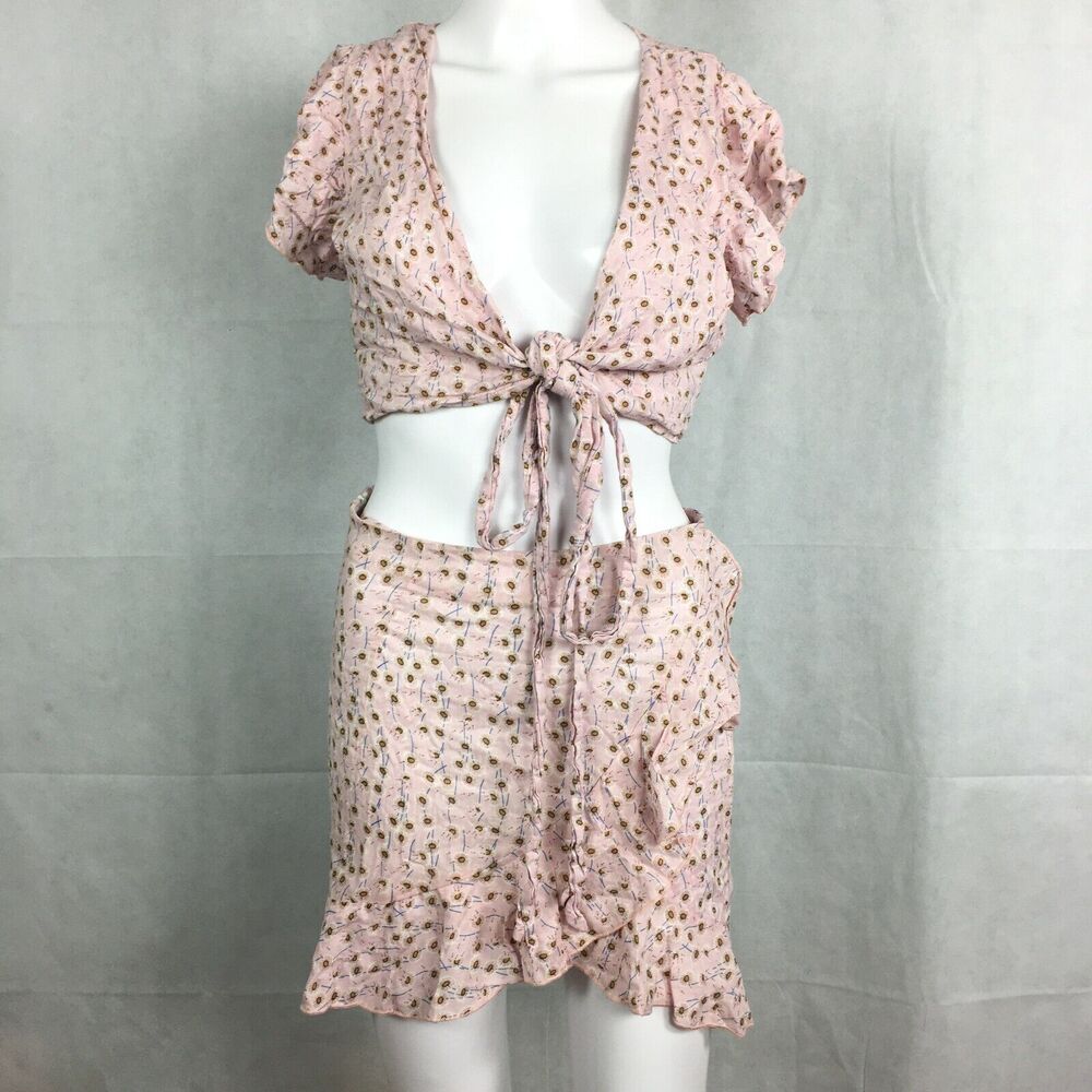 Zaful Set Womens Sz 6 Pink White Blue Floral Crop Top /Skirt 2pc Set